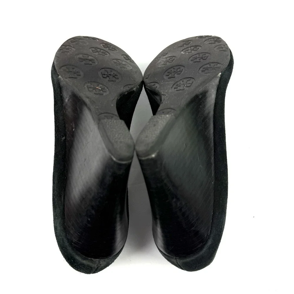 Tory Burch Sophie Wedge 6.5‎ Black Suede Slip On Heels Silver Logo